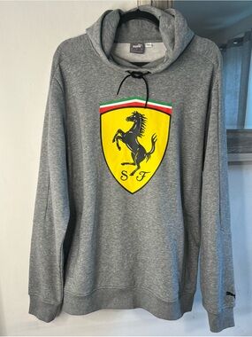 Puma Gray Hoodie with Yellow Ferrari Shield Graphic
